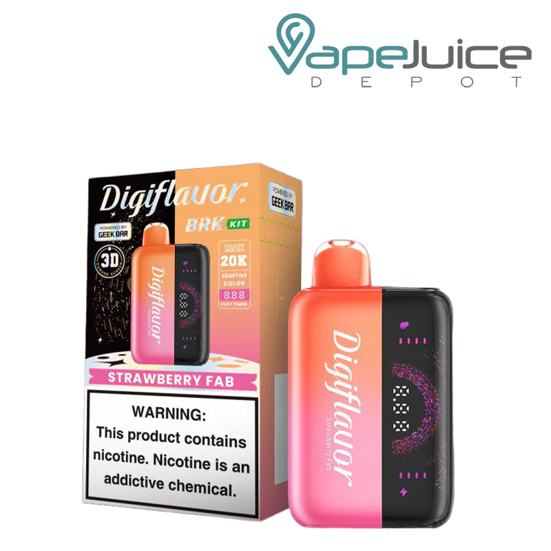 A Box of Strawberry Fab Digiflavor BRK 20000 Disposable Kit with a warning sign and a device with 3D screen next to it - Vape Juice Depot