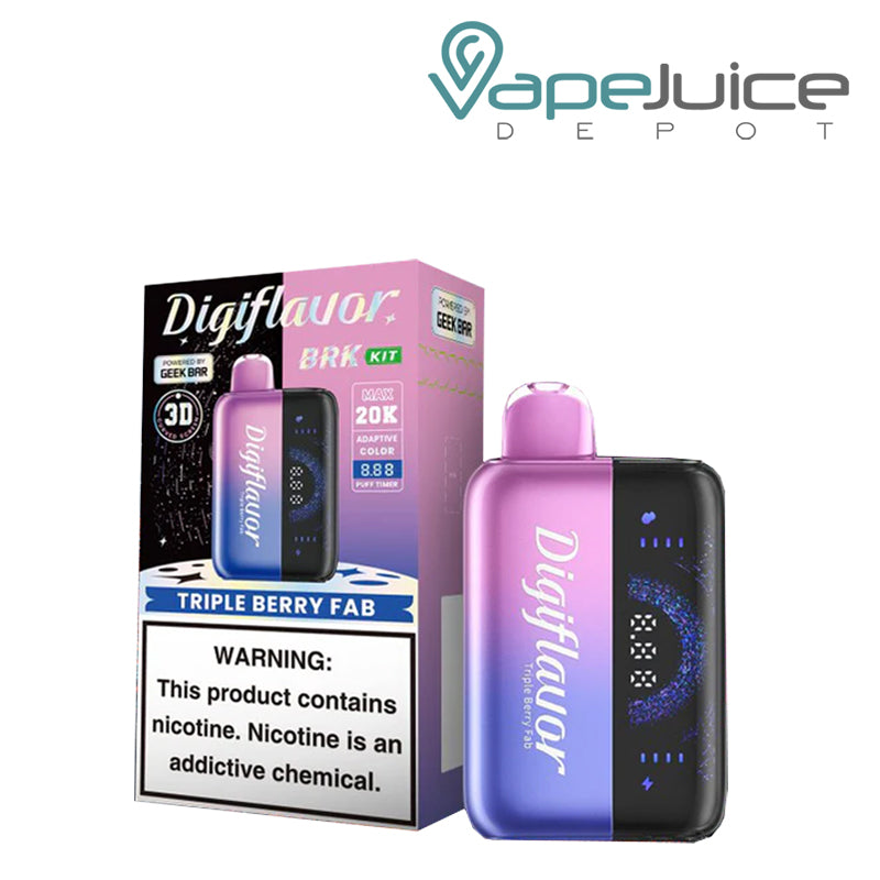 A Box of Triple Berry Fab Digiflavor BRK 20000 Disposable Kit with a warning sign and a device with 3D screen next to it - Vape Juice Depot