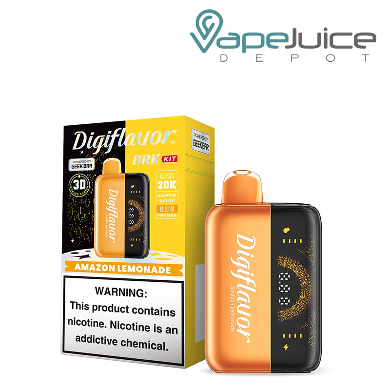 A Box of Amazon Lemonade Digiflavor BRK 20000 Disposable Kit with a warning sign and a device with 3D screen next to it - Vape Juice Depot