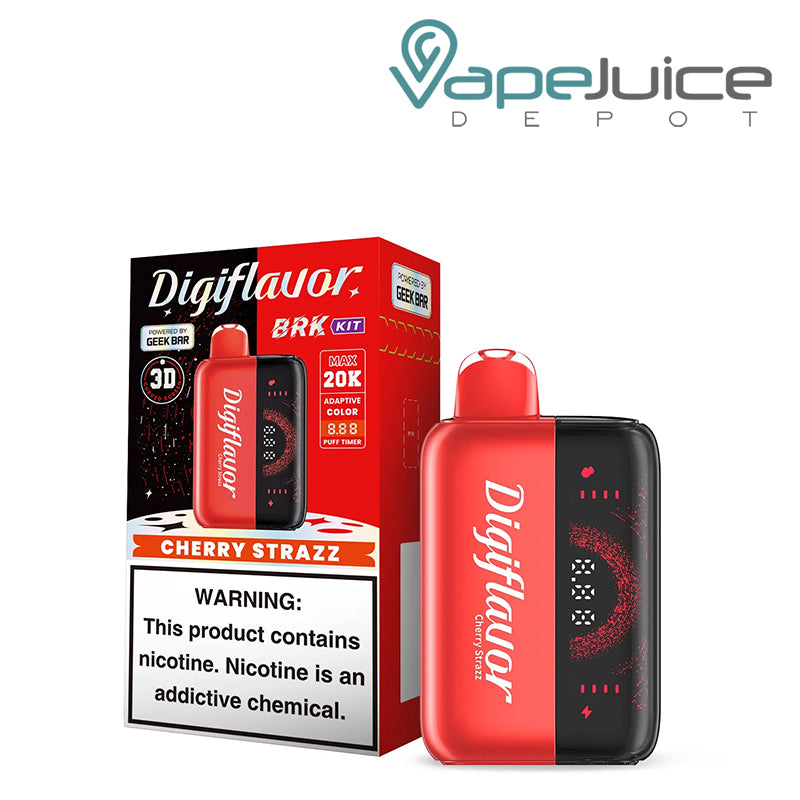 A Box of Cherry Strazz Digiflavor BRK 20000 Disposable Kit with a warning sign and a device with 3D screen next to it - Vape Juice Depot
