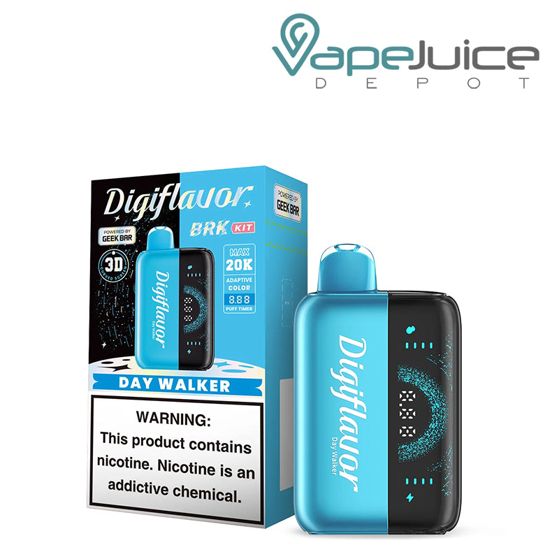 A Box of Day Walker Digiflavor BRK 20000 Disposable Kit with a warning sign and a device with 3D screen next to it - Vape Juice Depot
