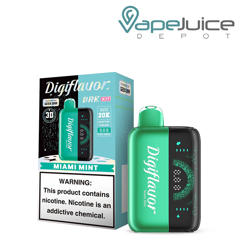 A Box of Mimi Mint Digiflavor BRK 20000 Disposable Kit with a warning sign and a device with 3D screen next to it - Vape Juice Depot