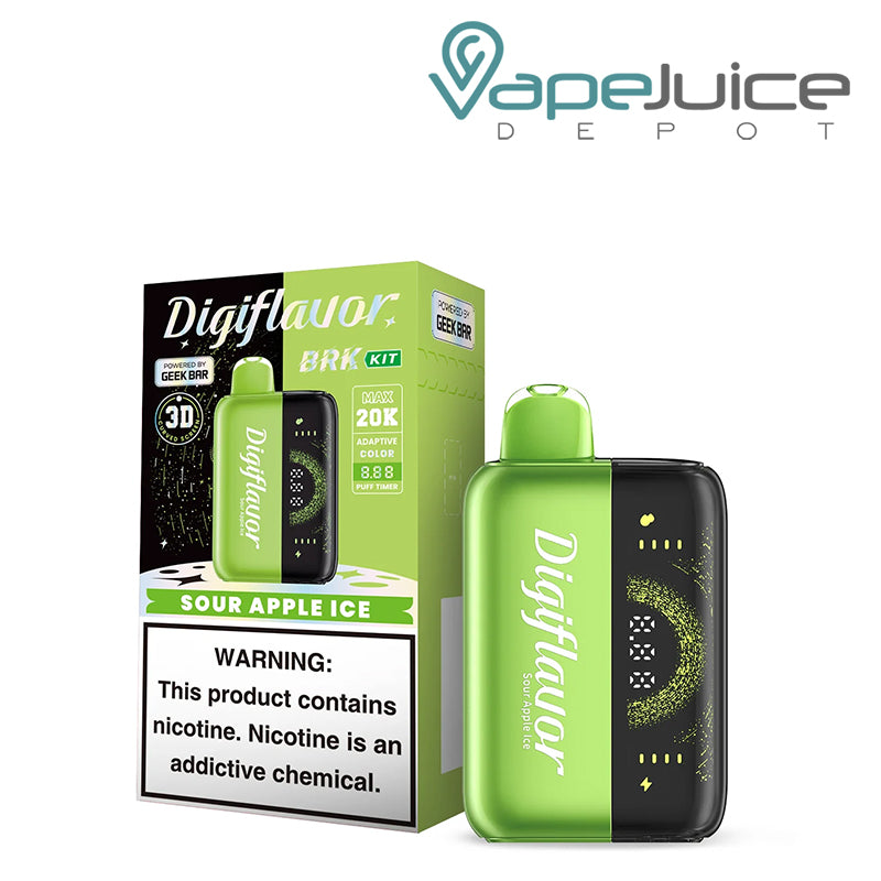 A Box of Sour Apple Ice Digiflavor BRK 20000 Disposable Kit with a warning sign and a device with 3D screen next to it - Vape Juice Depot