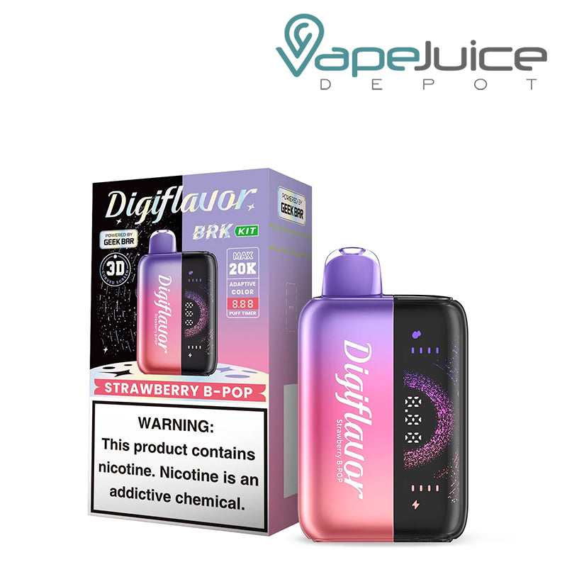 A Box of Strawberry B-Pop Digiflavor BRK 20000 Disposable Kit with a warning sign and a device with 3D screen next to it - Vape Juice Depot