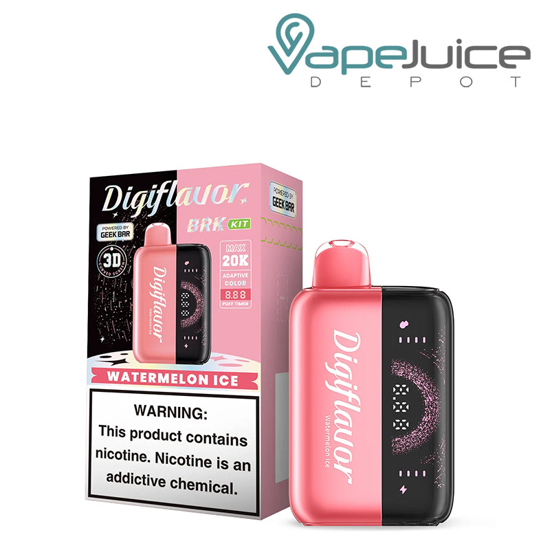 A Box of Watermelon Ice Digiflavor BRK 20000 Disposable Kit with a warning sign and a device with 3D screen next to it - Vape Juice Depot
