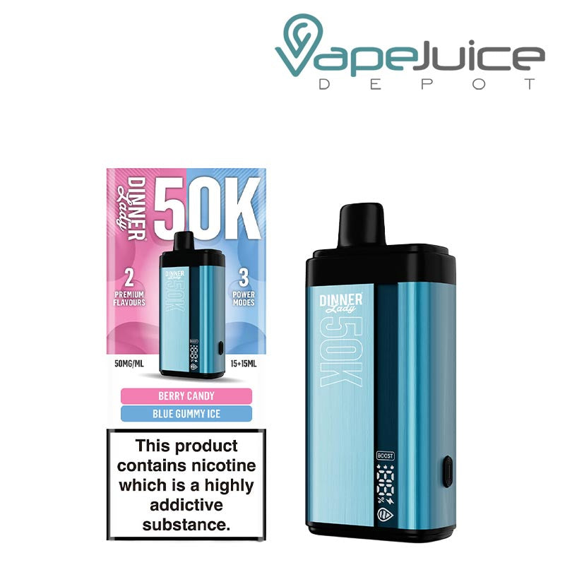 A Box of Berry Candy - Blue Gummy Ice Dinner Lady 50K Disposable with a warning sign and a device with a display screen next to it - Vape Juice Depot