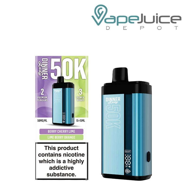A Box of Berry Cherry Lime - Lime Berry Orange Dinner Lady 50K Disposable with a warning sign and a device with a display screen next to it - Vape Juice Depot