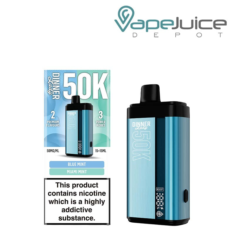 A Box of Blue Mint - Miami Mint Dinner Lady 50K Disposable with a warning sign and a device with a display screen next to it - Vape Juice Depot