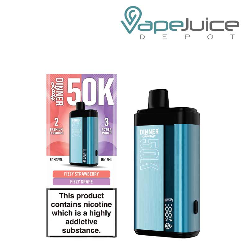 A Box of Fizzy Strawberry - Fizzy Grape Dinner Lady 50K Disposable with a warning sign and a device with a display screen next to it - Vape Juice Depot