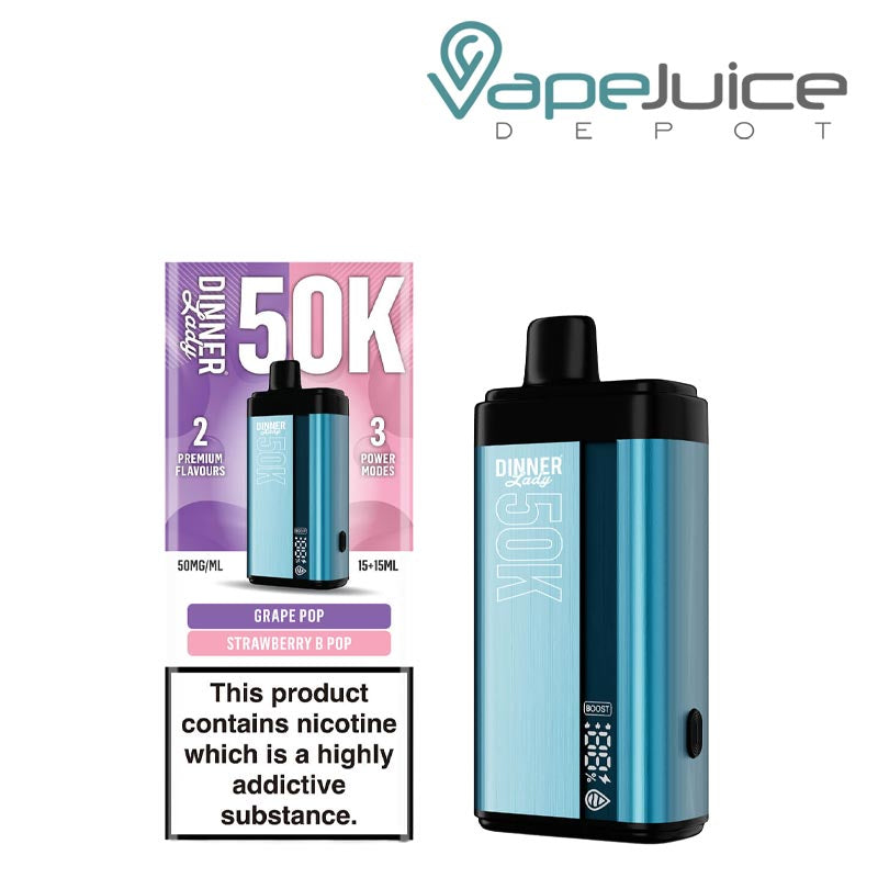 A Box of Grape Pop - Strawberry B Pop Dinner Lady 50K Disposable with a warning sign and a device with a display screen next to it - Vape Juice Depot