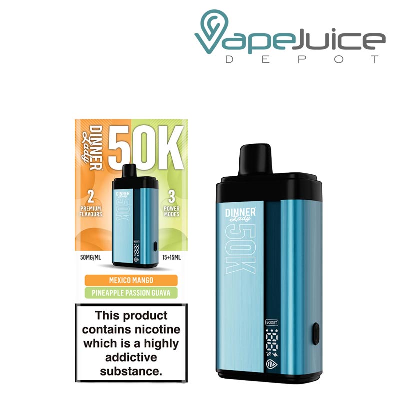 A Box of Mexico Mango - Pineapple Passion Guava Dinner Lady 50K Disposable with a warning sign and a device with a display screen next to it - Vape Juice Depot