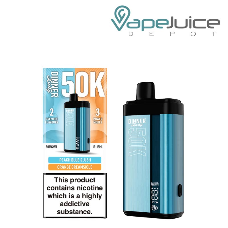 A Box of Peach Blue Slush - Orange Creamsicle Dinner Lady 50K Disposable with a warning sign and a device with a display screen next to it - Vape Juice Depot