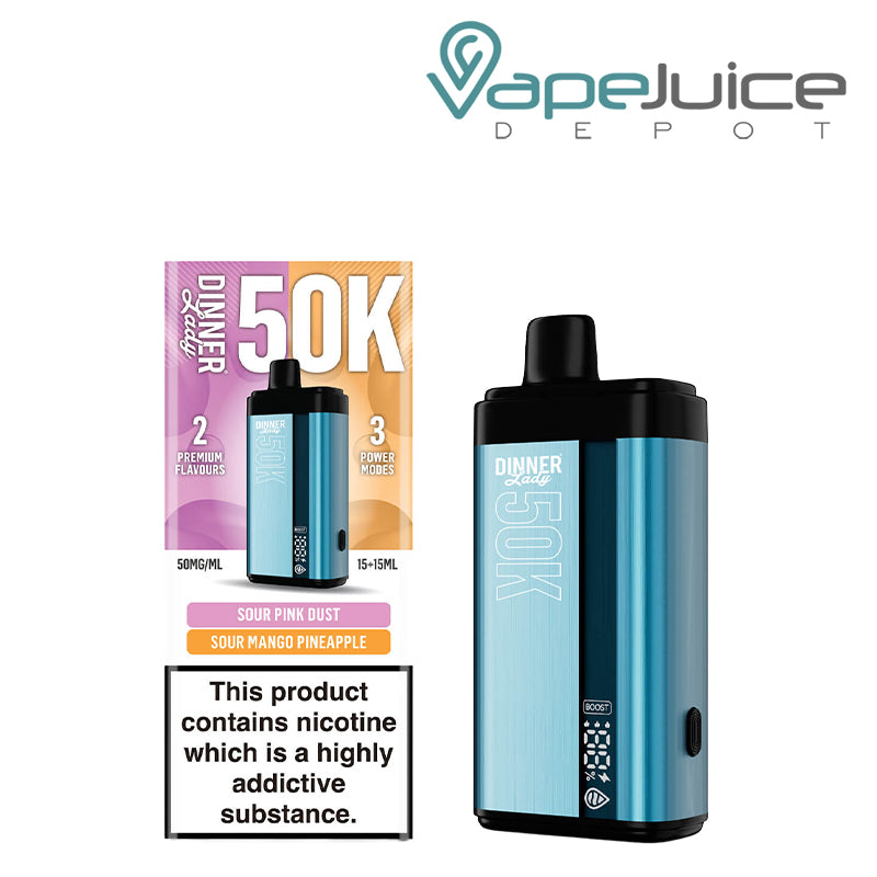 A Box of Sour Pink Dust - Sour Mango Pineapple Dinner Lady 50K Disposable with a warning sign and a device with a display screen next to it - Vape Juice Depot