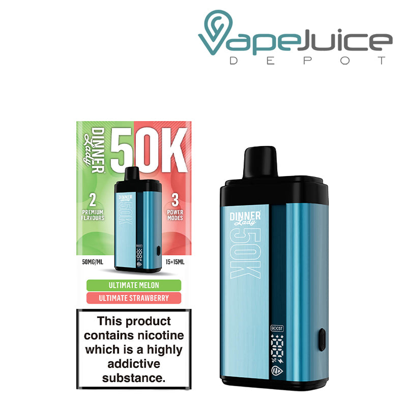 A Box of Ultimate Melon - Ultimate Strawberry Dinner Lady 50K Disposable with a warning sign and a device with a display screen next to it - Vape Juice Depot