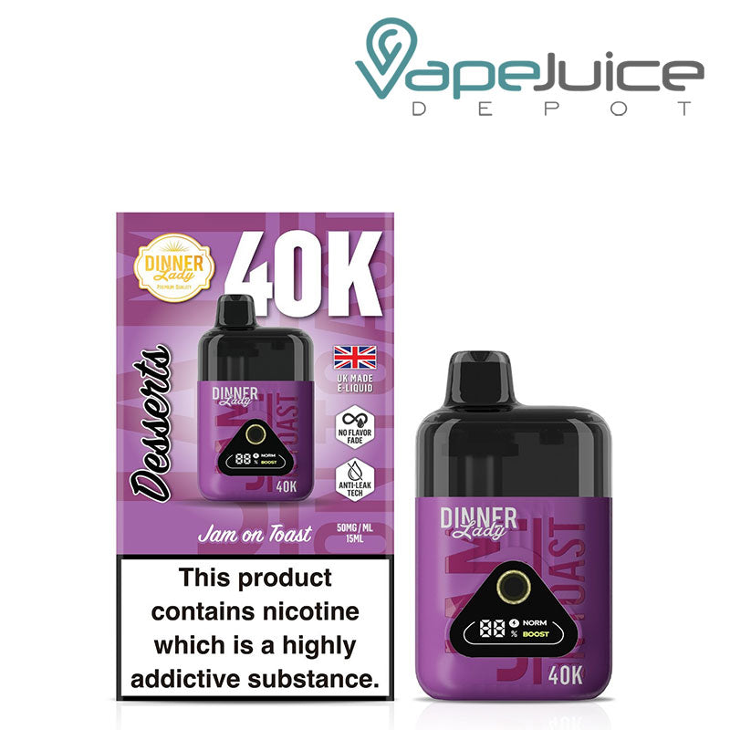 A Box of Jam on Toast Dinner Lady Desserts 40K Disposable with a warning sign and a device with a digital screen next to it - Vape Juice Depot