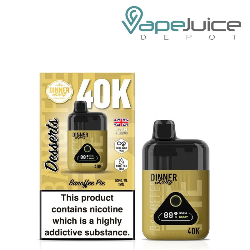 A Box of Banoffee Pie Dinner Lady Desserts 40K Disposable with a warning sign and a device with a digital screen next to it - Vape Juice Depot