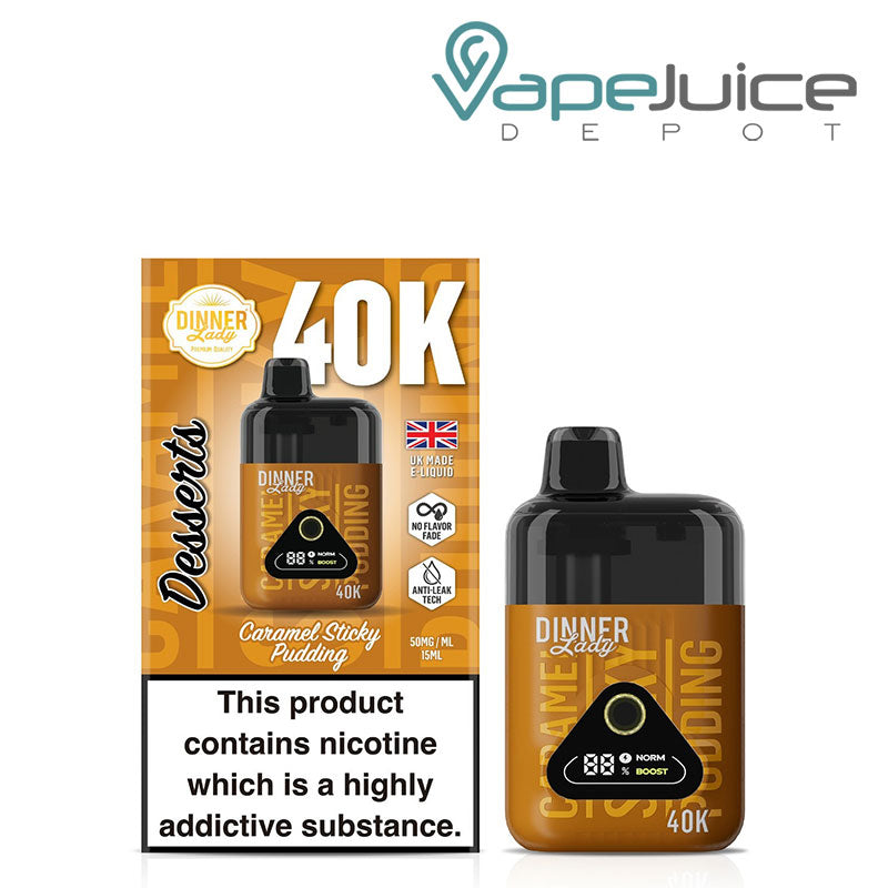 A Box of Caramel Sticky Pudding Dinner Lady Desserts 40K Disposable with a warning sign and a device with a digital screen next to it - Vape Juice Depot