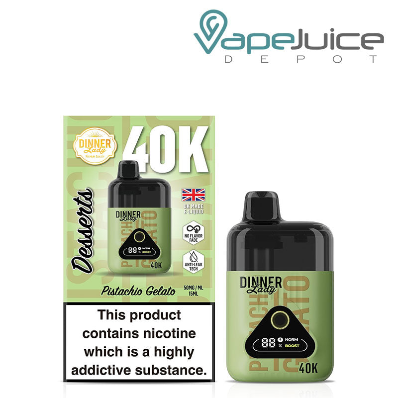 A Box of Pistachio Gelato Dinner Lady Desserts 40K Disposable with a warning sign and a device with a digital screen next to it - Vape Juice Depot
