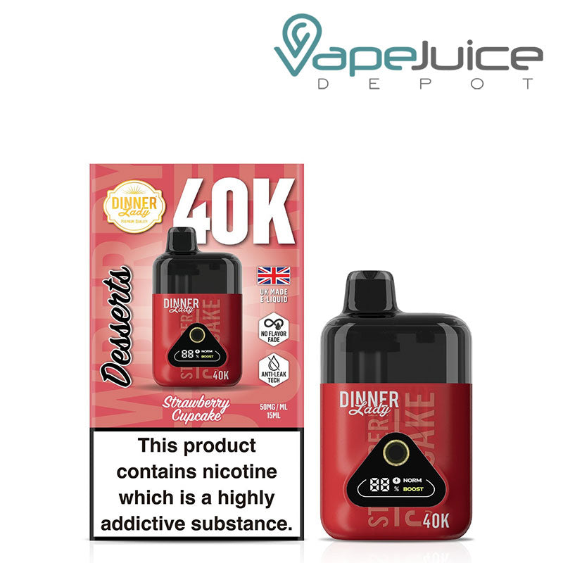 A Box of Strawberry Cupcake Dinner Lady Desserts 40K Disposable with a warning sign and a device with a digital screen next to it - Vape Juice Depot