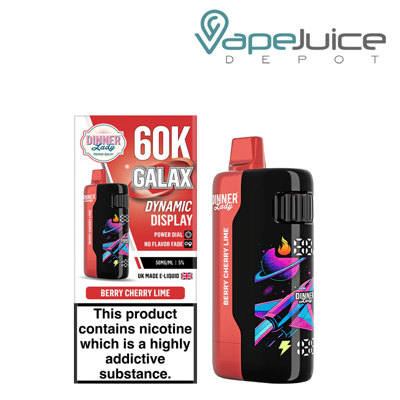 A Box of Berry Cherry Lime Dinner Lady Galax 60K Disposable with a warning sign and a device with animated screen next to it - Vape Juice Depot