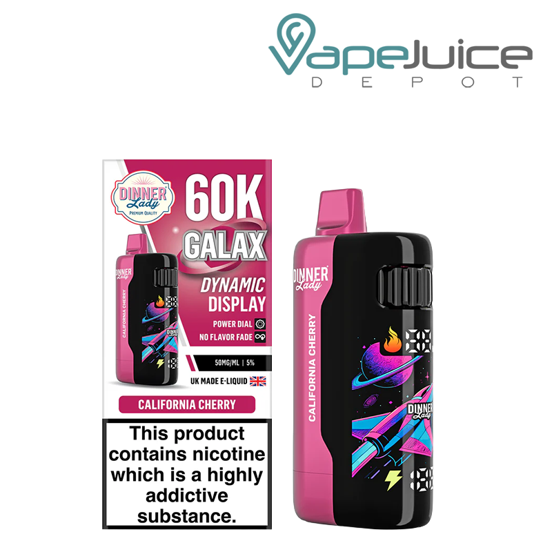A Box of California Cherry Dinner Lady Galax 60K Disposable with a warning sign and a device with animated screen next to it - Vape Juice Depot
