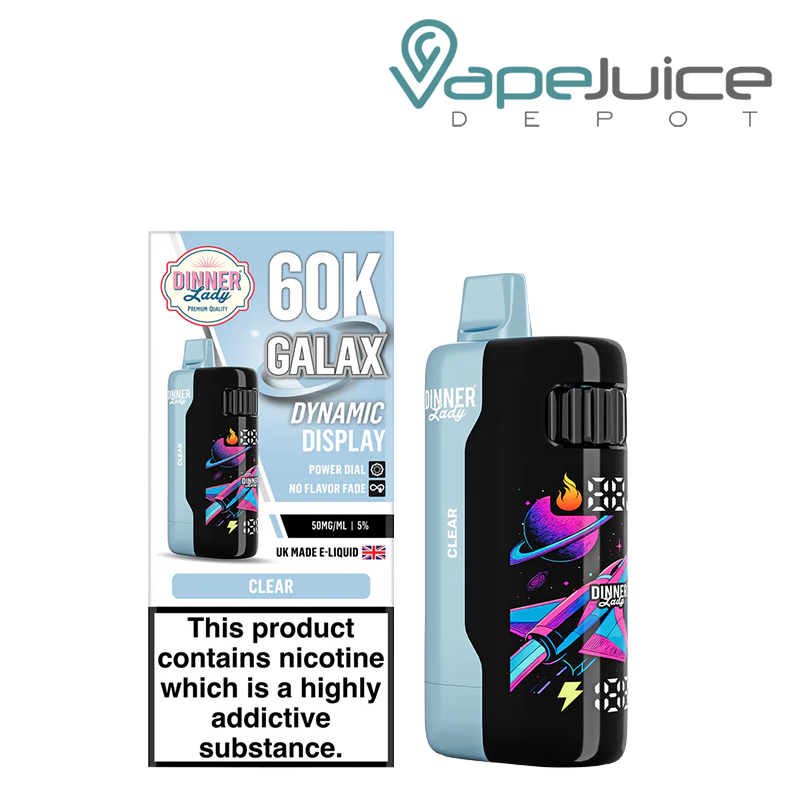 A Box of Dinner Lady Galax 60K Clear Disposable with a warning sign and a device with a animated screen next to it - Vape Juice Depot