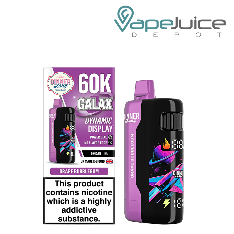 A Box of Grape Bubblegum Dinner Lady Galax 60K Disposable with a warning sign and a device with animated screen next to it - Vape Juice Depot