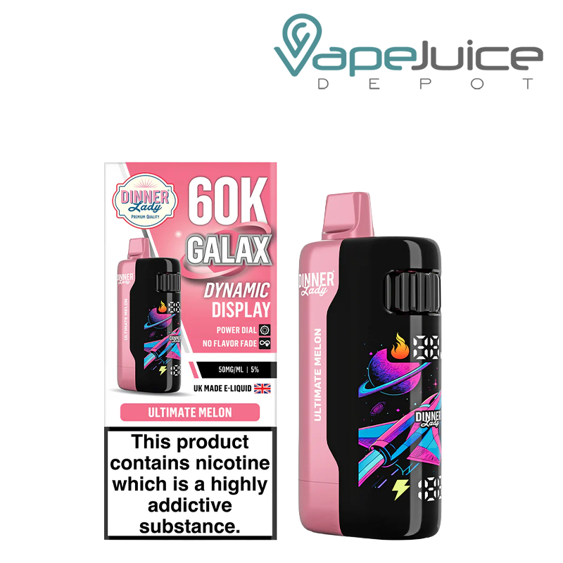A Box of Ultimate Melon Dinner Lady Galax 60K Disposable with a warning sign and a device with animated screen next to it - Vape Juice Depot