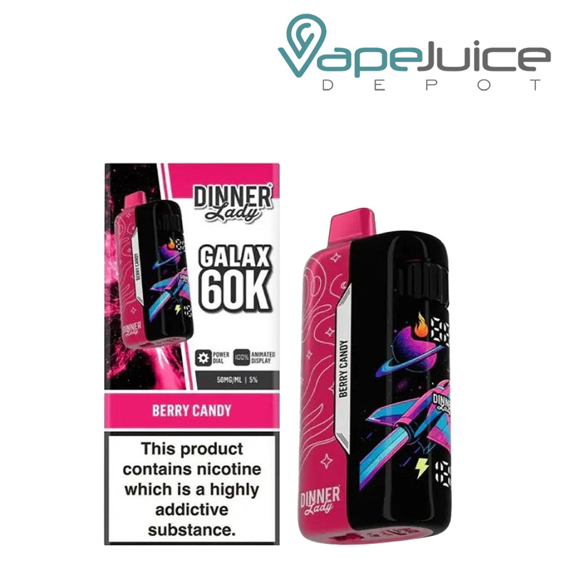 A Box of Berry Cherry Lime Lady Galax 60K Disposable with a warning sign and a device with animated screen next to it - Vape Juice Depot
