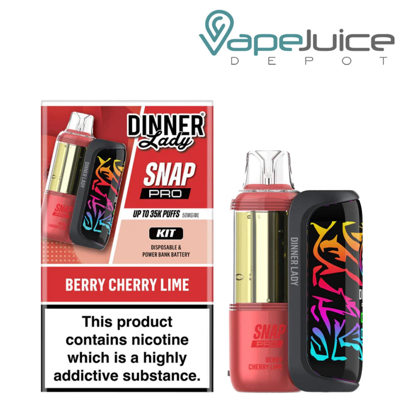 A Box of Berry Cherry Lime Dinner Lady Snap Pro 35K Disposable Kit and a device next to it - Vape Juice Depot