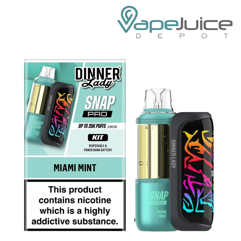 A Box of Miami Mint Dinner Lady Snap Pro 35K Disposable Kit and a device next to it - Vape Juice Depot