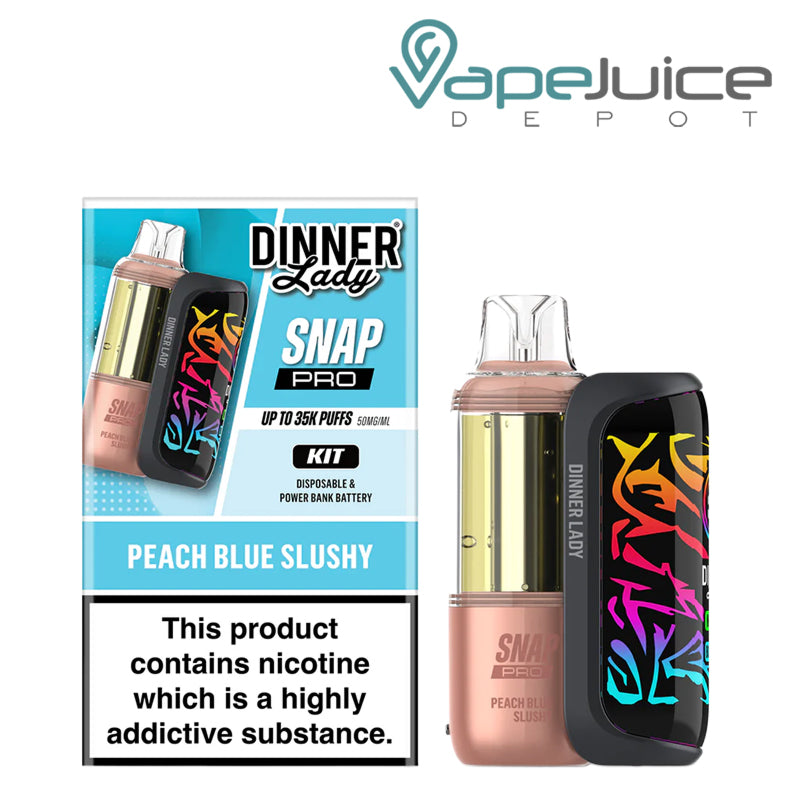 A Box of Peach Blue Slushy Dinner Lady Snap Pro 35K Disposable Kit and a device next to it - Vape Juice Depot