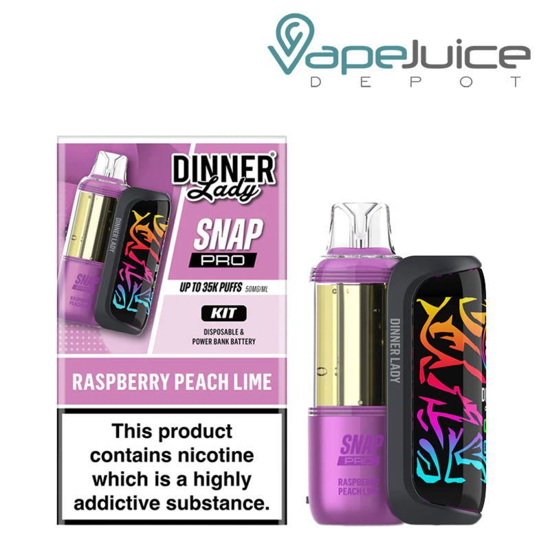 A Box of Raspberry Peach Lime Dinner Lady Snap Pro 35K Disposable Kit and a device next to it - Vape Juice Depot