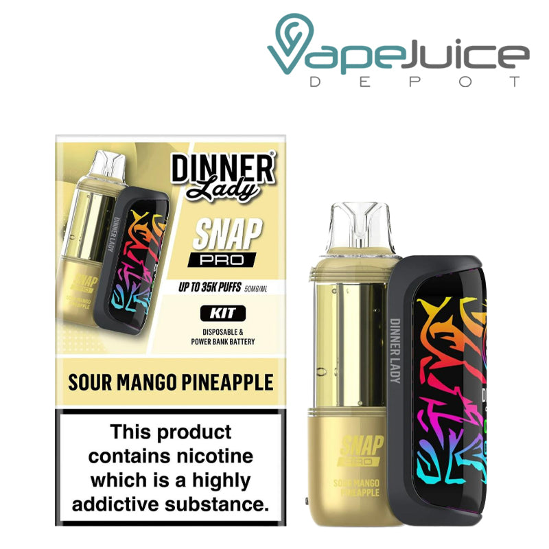 A Box of Sour Mango Pineapple Dinner Lady Snap Pro 35K Disposable Kit and a device next to it - Vape Juice Depot