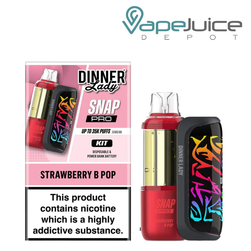 A Box of Strawberry B Pop Dinner Lady Snap Pro 35K Disposable Kit and a device next to it - Vape Juice Depot