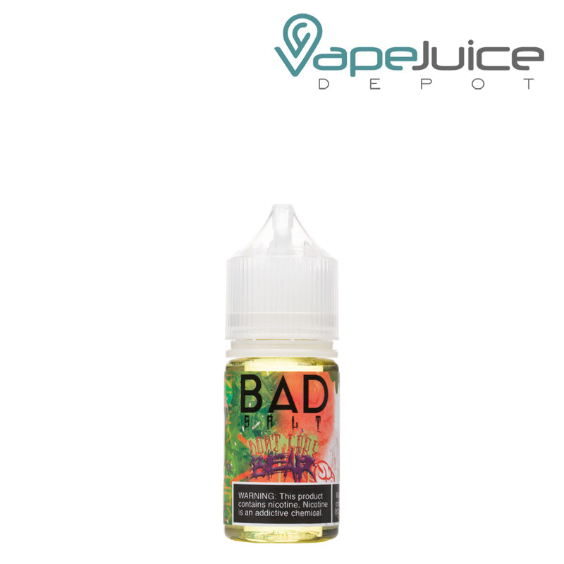 A 30ml bottle of Don’t Care Bear Bad Drip Salts with a warning sign - Vape Juice Depot