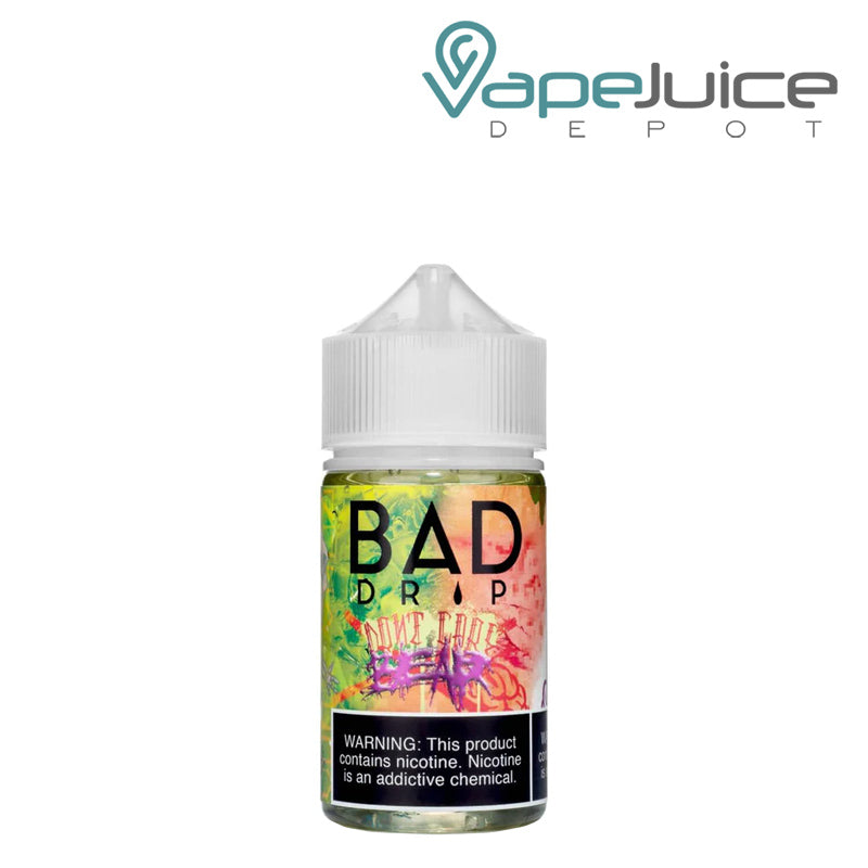 A 60ml bottle of Don't Care Bear Bad Drip eLiquid with a warning sign - Vape Juice Depot