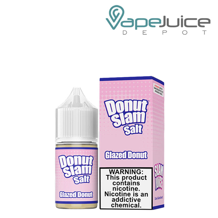 A 30ml bottle of Donut Slam Glazed Donut Mamasan Salt and a box with a warning sign next to it - Vape Juice Depot