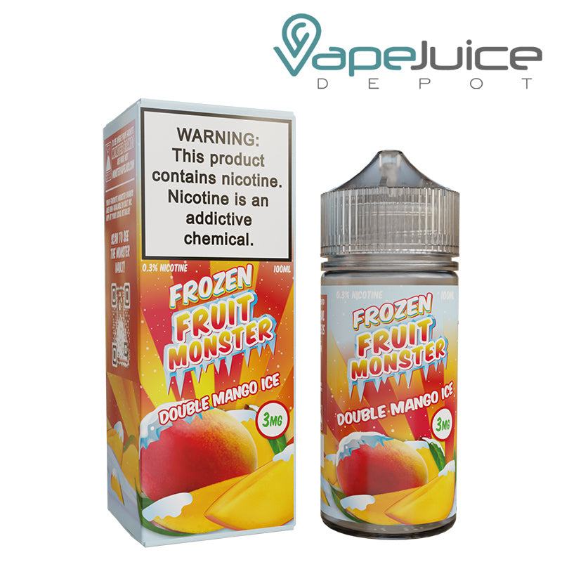 A box of Double Mango Ice Frozen Fruit Monster Salts with a warning sign and a 100ml bottle next to it - Vape Juice Depot