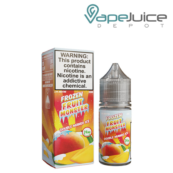 A box of Double Mango Ice Frozen Fruit Monster Salts with a warning sign and a 30ml bottle next to it - Vape Juice Depot