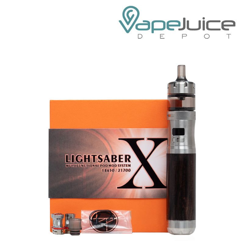 A box of Dovpo Lightsaber X Pod Mod Kit  and a kit next to it - Vape Juice Depot