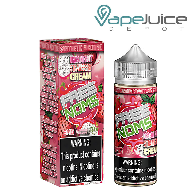 A Bottle of Dragonfruit Strawberry Cream FreeNoms TFN with a warning sign next to 120ml bottle - Vape Juice Bottle