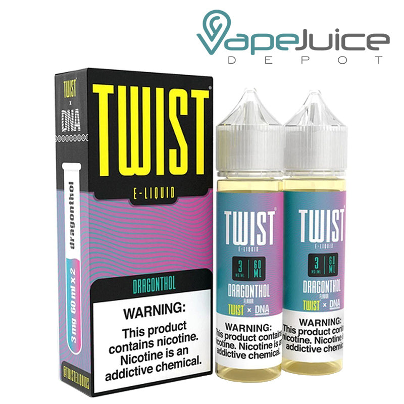 A box of Dragonthol Twist E-Liquid with a warning sign and two 60ml bottles next to it - Vape Juice Depot