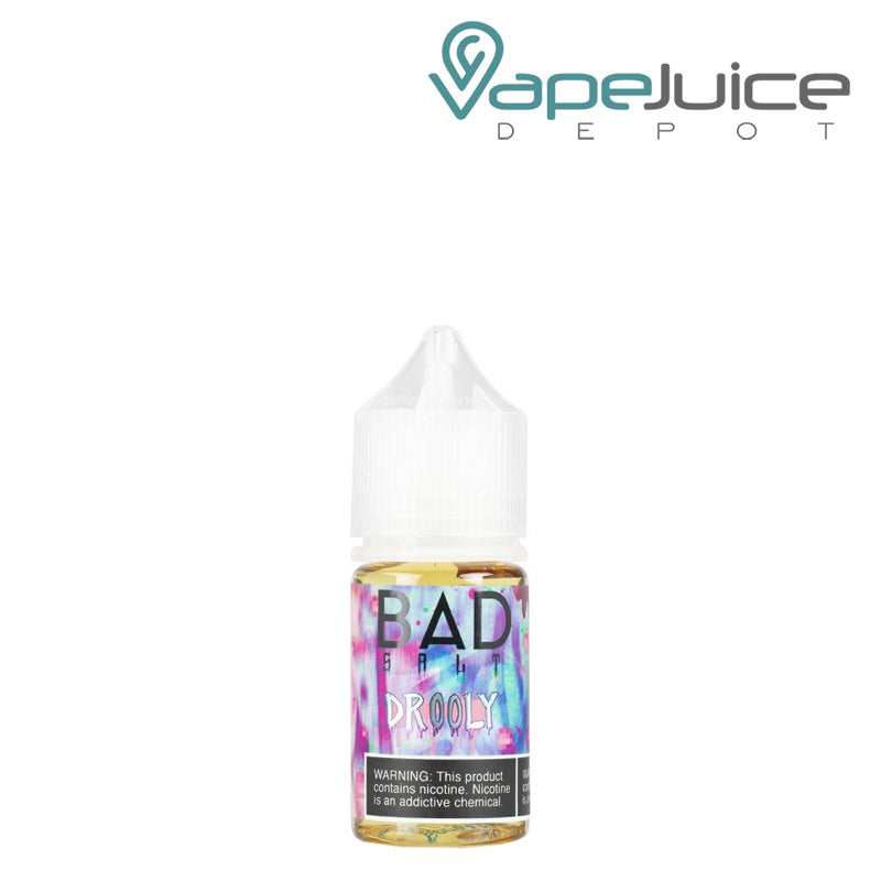 A 30ml bottle of Drooly Bad Drip Salts with a warning sign - Vape Juice Depot