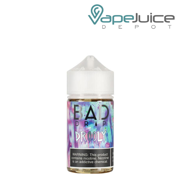 A 60ml bottle of Drooly Bad Drip eLiquid with a warning sign - Vape Juice Depot