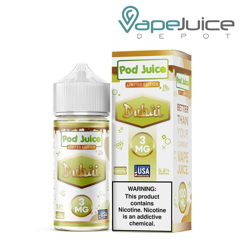 A 100ml bottle of Dubai Pod Juice eLiquid and a box with a warning sign next to it - Vape Juice Depot