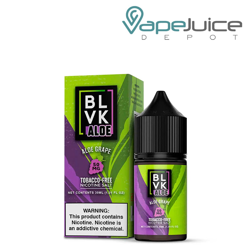 A 30ml bottle of Aloe Grape BLVK Aloe TF Nic Salt 50mg and a box with a warning sign next to it - Vape Juice Depot