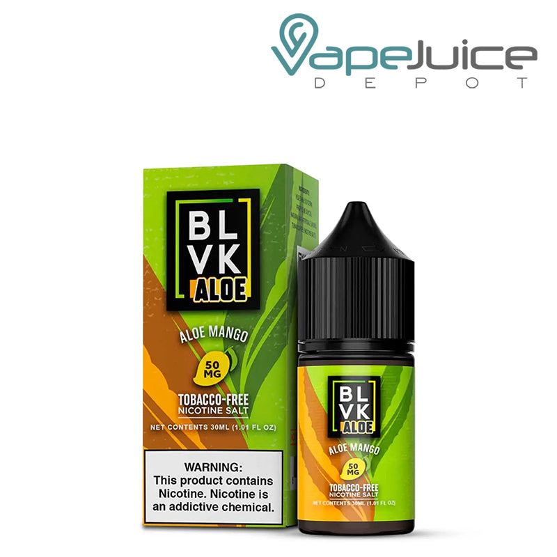 A 30ml bottle of Aloe Mango BLVK Aloe TF Nic Salt 50mg and a box  with a warning sign next to it - Vape Juice Depot