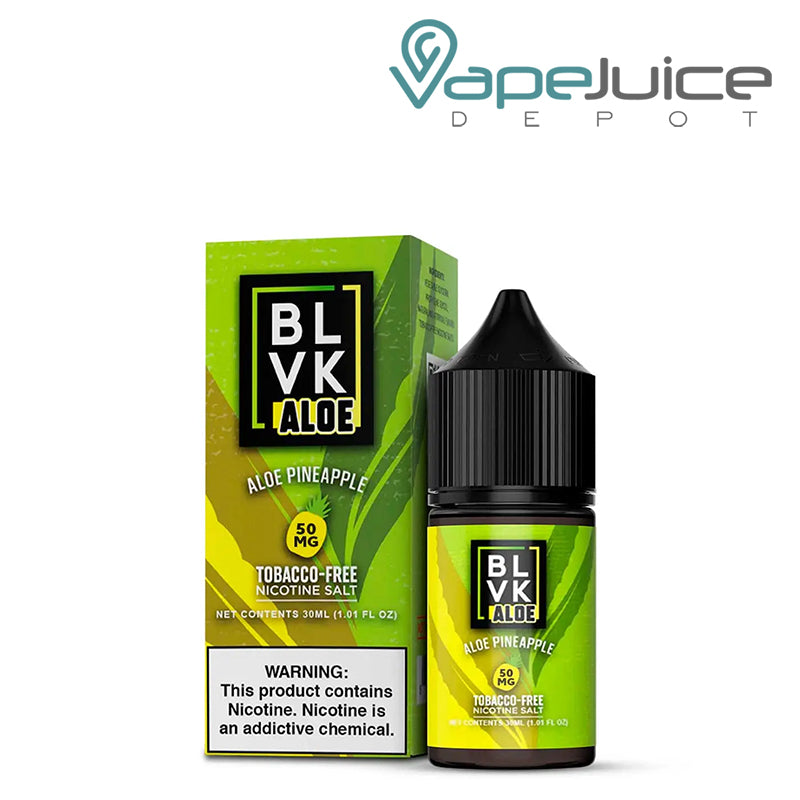 A 30ml bottle of Aloe Pineapple BLVK Aloe TF Nic Salt 50mg and a box  with a warning sign next to it - Vape Juice Depot