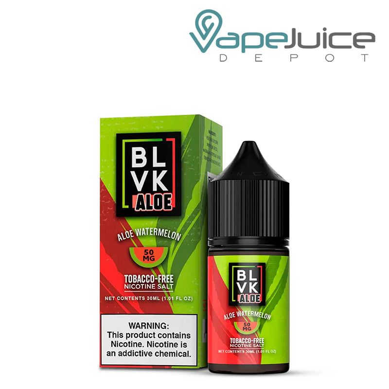 A 30ml bottle of Aloe Watermelon BLVK Aloe TF Nic Salt 50mg and a box with a warning sign next to it - Vape Juice Depot